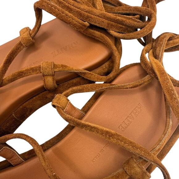 KHAITE Alba Brown Suede Leather Trimmed Strappy Tie Up Ankle Sandals Size 37 - Picture 9 of 15